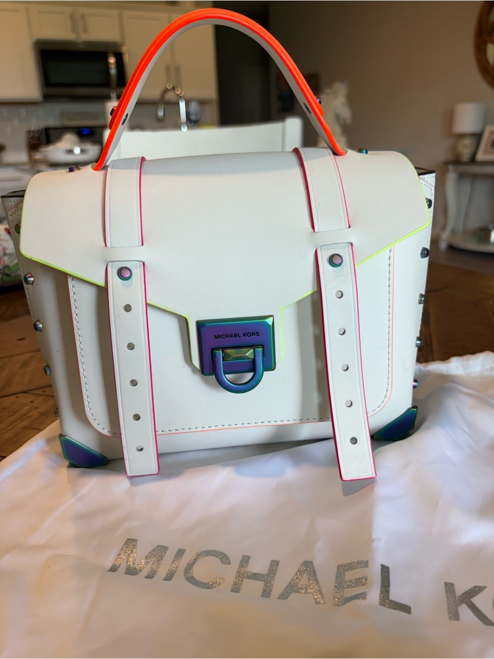 MICHAEL KORS White Satchel with Neon Trim and Michael Kors Wallet set - Picture 2 of 16